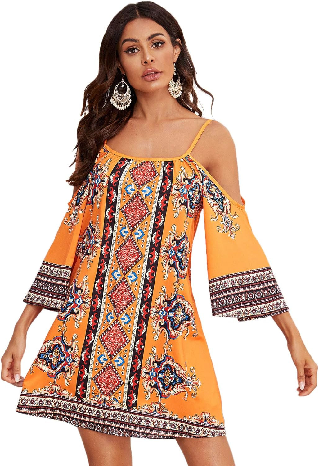 Women'S Vintage Print Kimono Sleeve Geometric Tunic Boho Dress