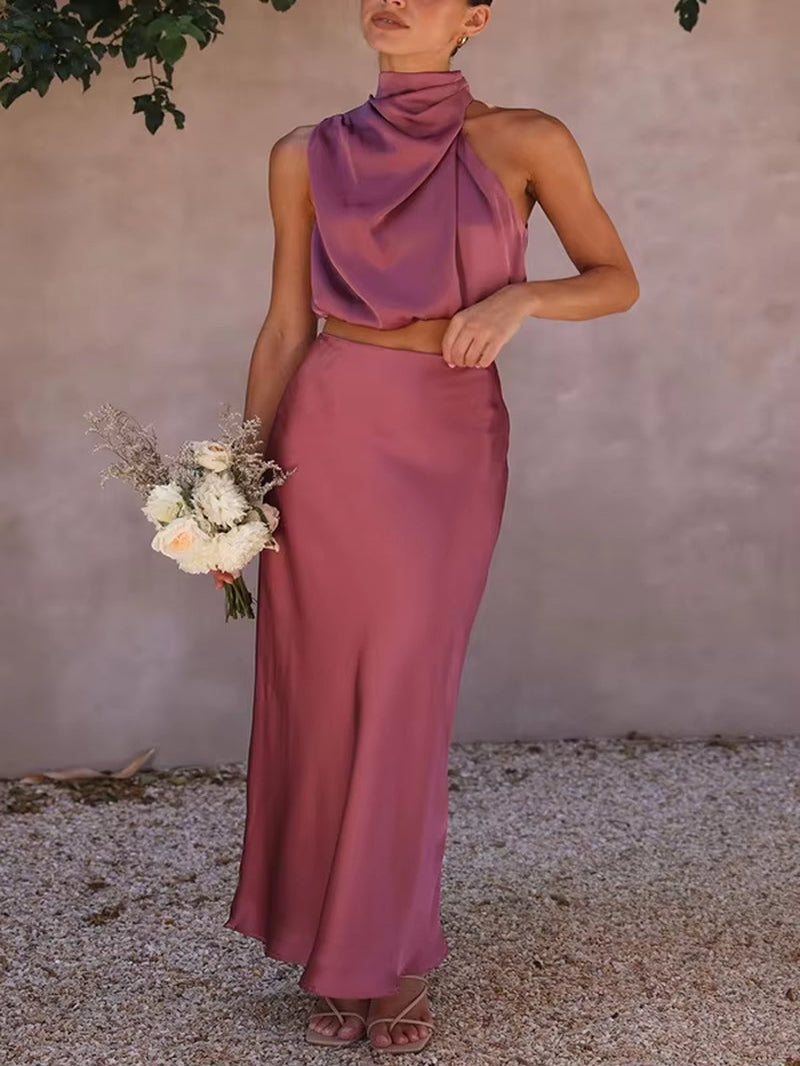 Satin Elegance: Women’s Two-Piece Sleeveless Long Skirt Set