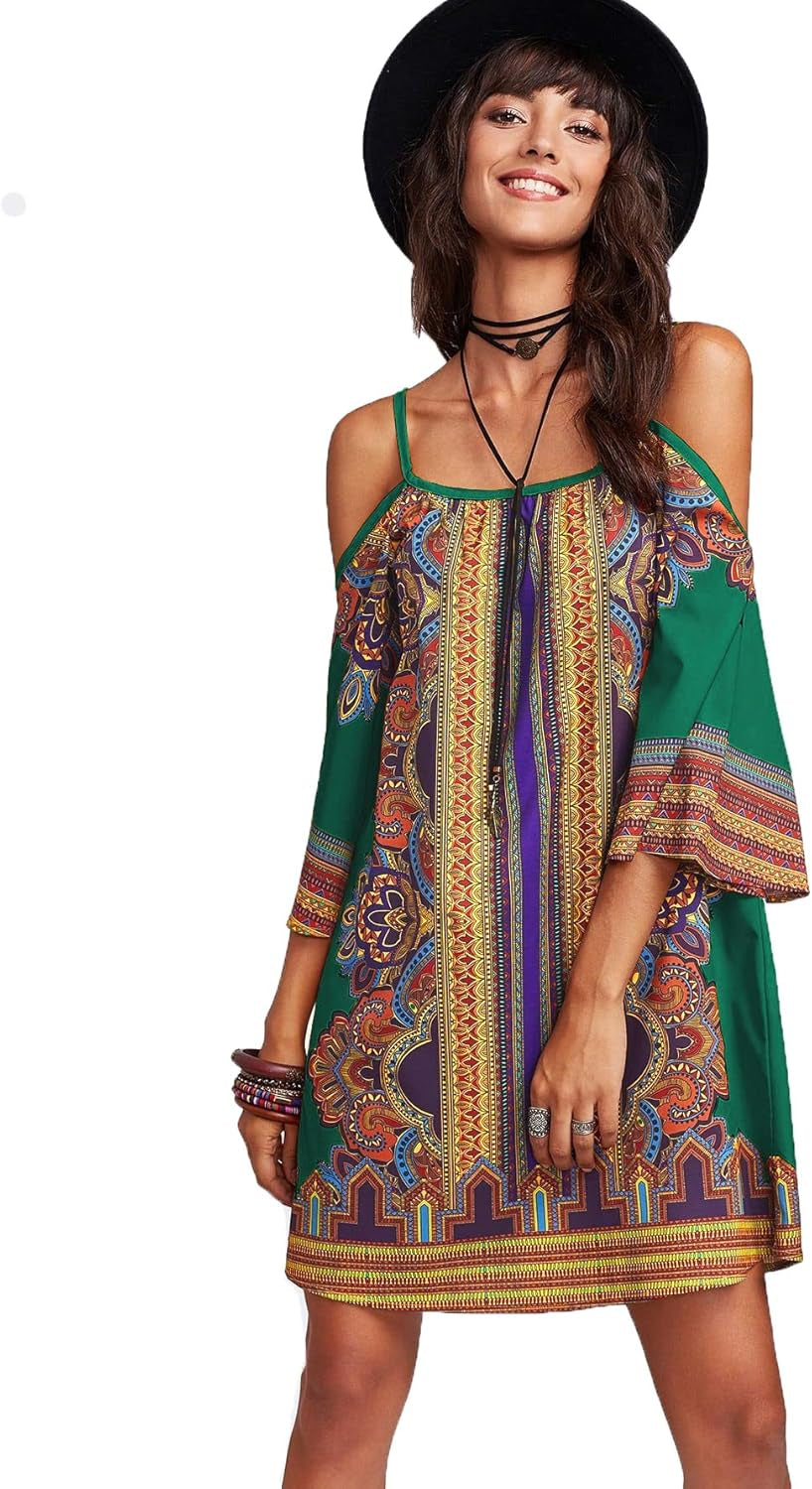 Women'S Vintage Print Kimono Sleeve Geometric Tunic Boho Dress