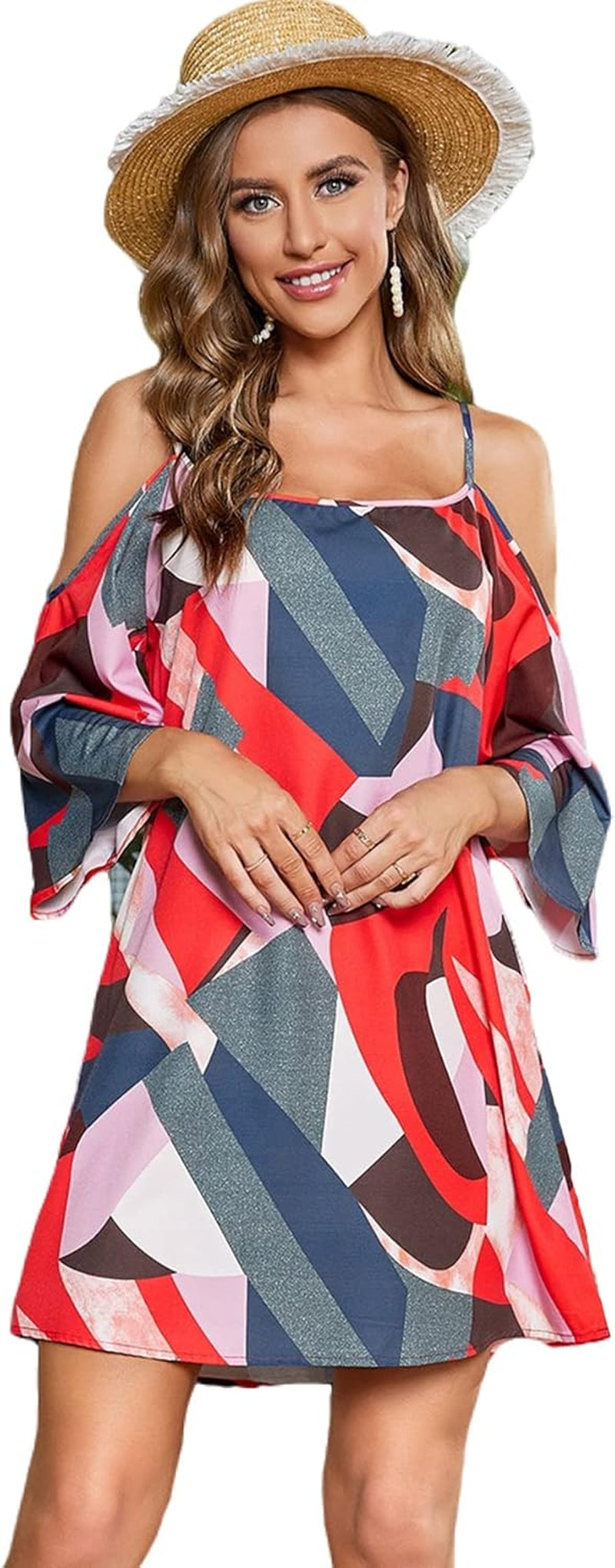 Women'S Vintage Print Kimono Sleeve Geometric Tunic Boho Dress