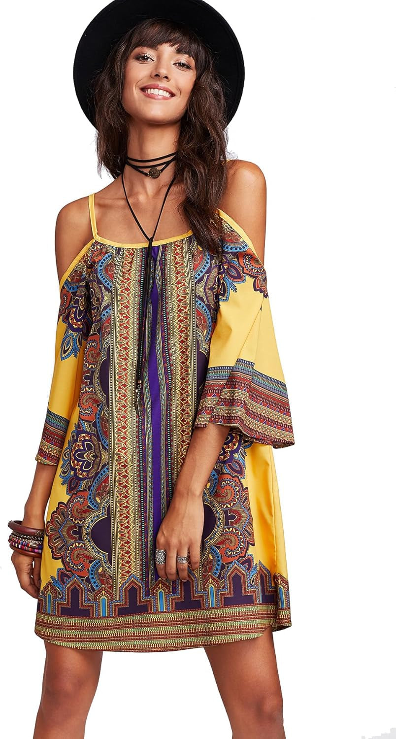 Women'S Vintage Print Kimono Sleeve Geometric Tunic Boho Dress