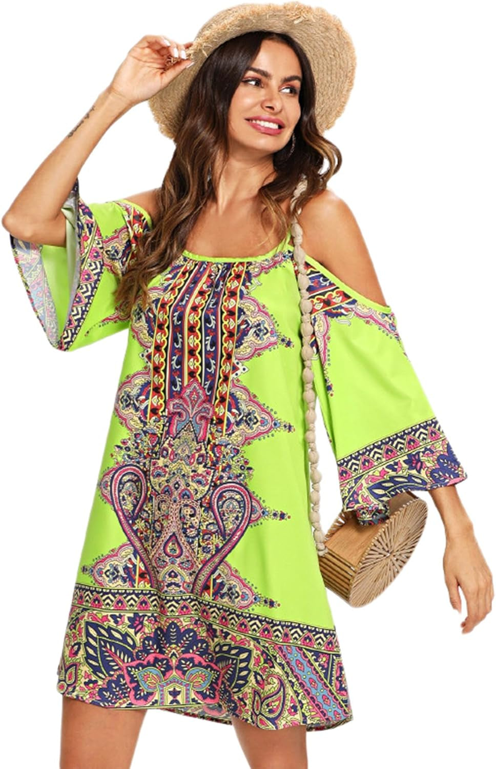 Women'S Vintage Print Kimono Sleeve Geometric Tunic Boho Dress