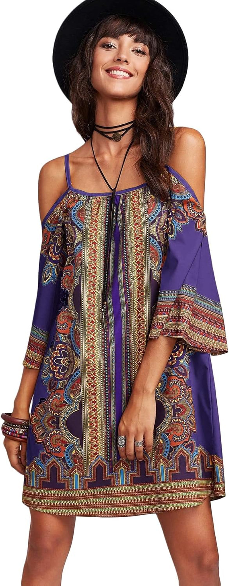 Women'S Vintage Print Kimono Sleeve Geometric Tunic Boho Dress