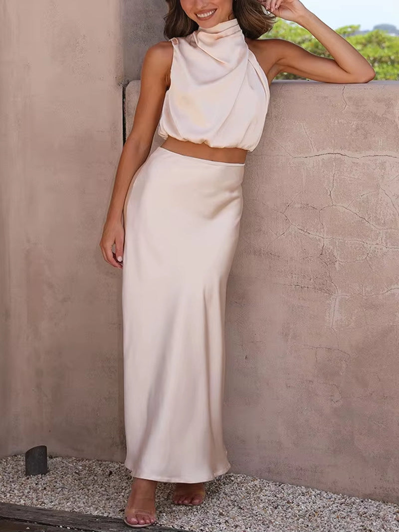 Satin Elegance: Women’s Two-Piece Sleeveless Long Skirt Set